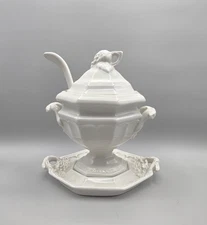 Antique Red Cliff Ironstone White Soup Tureen Set w/Under Plate & Ladle, NEW