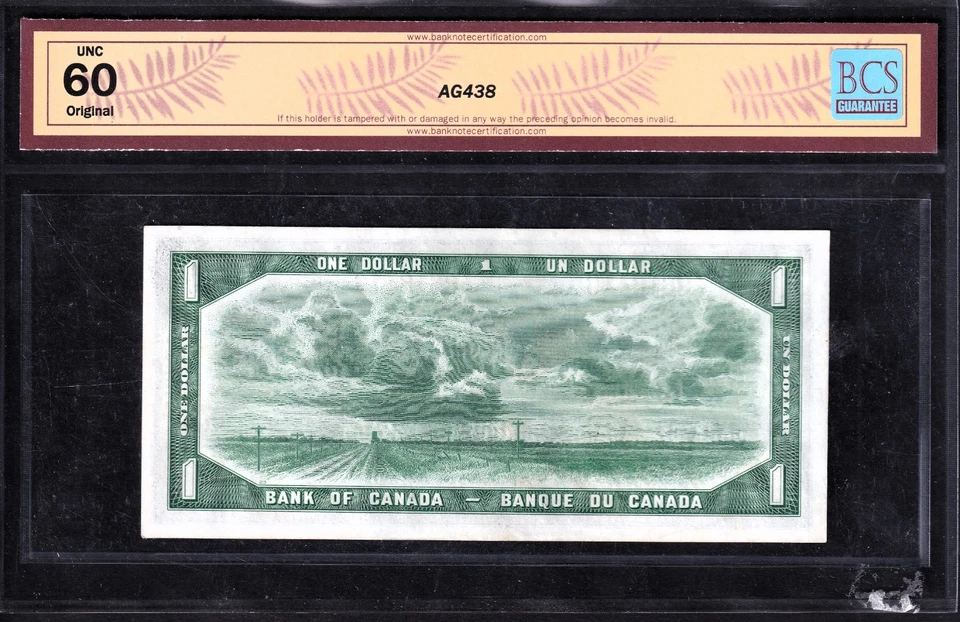 Canada 1954 $1 One Dollar Devils Face Banknote Beattie - Coyne BCS Graded UNC 60 - Image 2 of 2