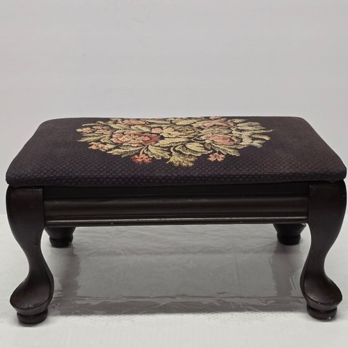 Taburete otomano de madera marrón tapiz floral antiguo vintage victoriano bohemio - Imagen 2 de 12