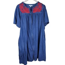 Go Softly Zip Patio Dress 1X Blue Red Pockets Embroidered Cottagecore