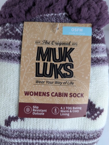 Muk Luks Cabin Sock Slip Resistant Faux Shearling Lining One Size Purple Deer - Picture 2 of 7