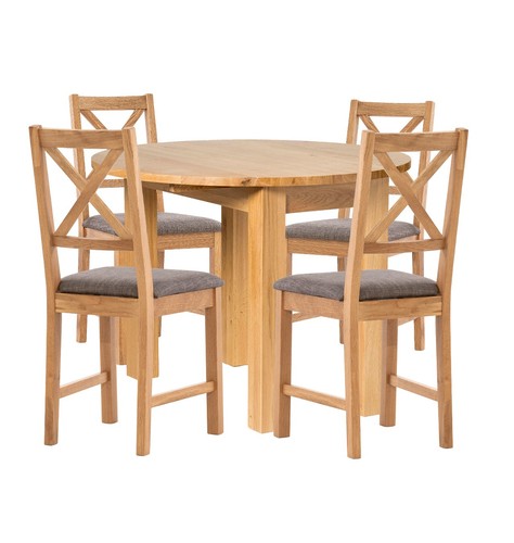 Dining Table Set, Drop Leaf Round Table and 4 Oak Chairs, Grey - Picture 8 of 8