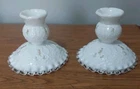 Fenton Violets In The Snow On Spanish Lace Pair Of 3.5" Candle Holders Vtg MINT