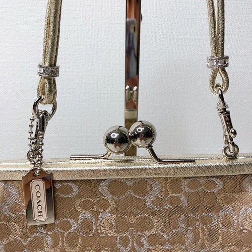 COACH LTD LUREX Beige/Silver SIGNATURE C FRAMED KISSLOCK EVENING BAG 8948 Japan - Picture 4 of 16