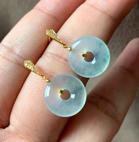 Certified Grade A Bruma Jadeite Jade Icy Flora Donut Earring 18K Gold Inlaid - Picture 6 of 8