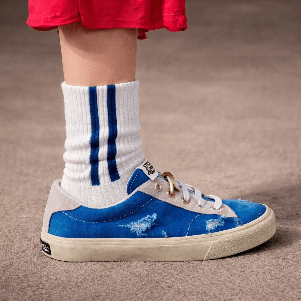 American Trench Navy Blue Vertical Nostalgic Stripe Crew Socks Unisex
