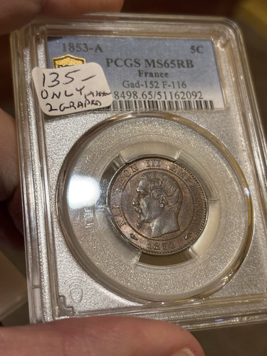 1853-a Frankreich 5 C Pcgs Ms65rb Gas -152 F-116 The Pcgs Plate Photo Coin - Bild 1 von 3