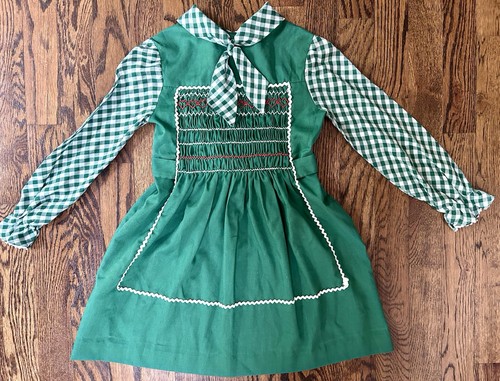 Vintage Polly Flinders grün Gingham handgesmokt Ric Rac Kleid Größe 6 Weihnachten - Bild 1 von 9