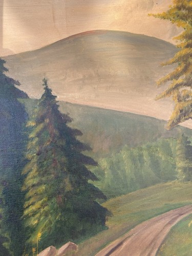 NICE VINTAGE AMATEUR OIL PAINTING MOUNTAINS EVERGREEN TREE COUNTRY WOOD FRAME - Picture 4 of 12