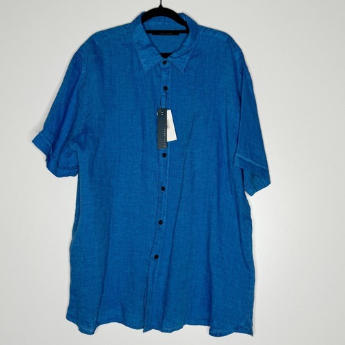 Nuova camicia Perry Ellis lino manica corta con bottoni Mykonos blu uomo taglia XXL - Foto 9 di 9