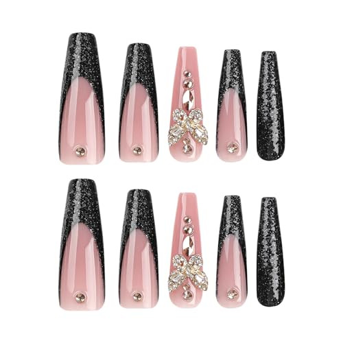 Black Press on Nails Long Coffin French Acrylic Fake Nails with 3D Alloy - Bild 3 von 6