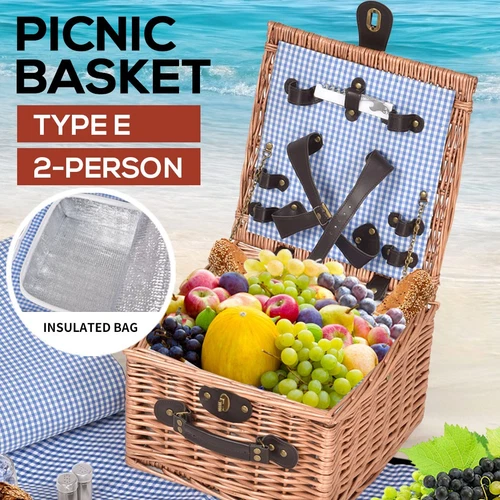 2 Person Picnic Basket Willow Baskets Set Insulated Outdoor Blanket Gift Storage