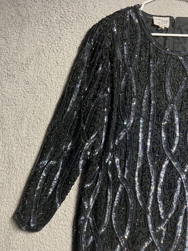 Vintage Stenay All Over Beaded Formal Black Mini Dress Size XL Silk Long Sleeve - Picture 7 of 19
