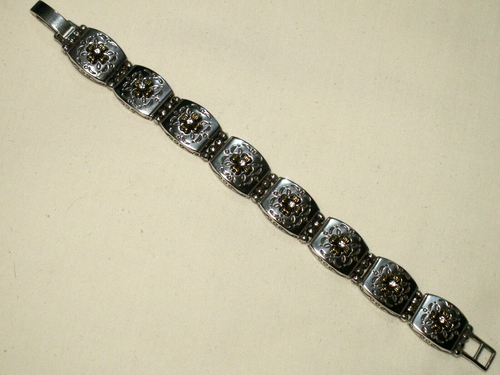 ...BRIGHTON...Silver Tone Panels, Gold Tone & Crystal Flowers Bracelet... - Picture 2 of 6