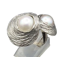 HAGIT GORALI 925 Silver  Vintage Double Mother Of Pearl Ring Sz 7  RG24603