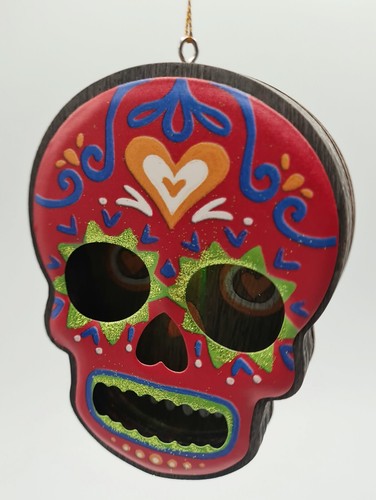 Sugar Skull Day of Dead Halloween Light Up 5”Glitter Wood Ornament Set 3 - Picture 4 of 5