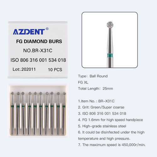 AZDENT Dental Diamond Burs FG 1.6mm Ball Round Coarse for High Speed Handpiece - Picture 11 of 14