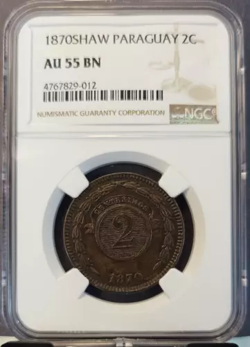 1870 PARAGUAY 2 CENTESIMOS 2C NGC AU 55 BN VERY SCARCE HIGH GRADE BEAUTY