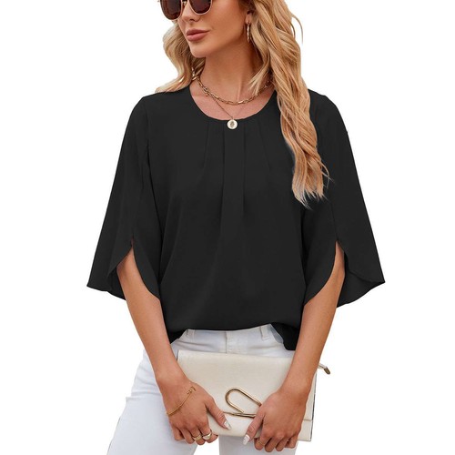T-shirt donna manica 3/4 top casual chiffon tunica bluse girocollo - Foto 13 di 17