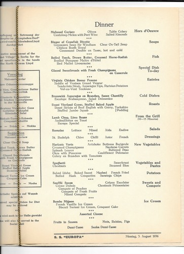 Vintage Cruise Ship Dinner Menu NORDDEUTSCHER LLOYD SS EUROPA 1936 Friedrich - Picture 2 of 2