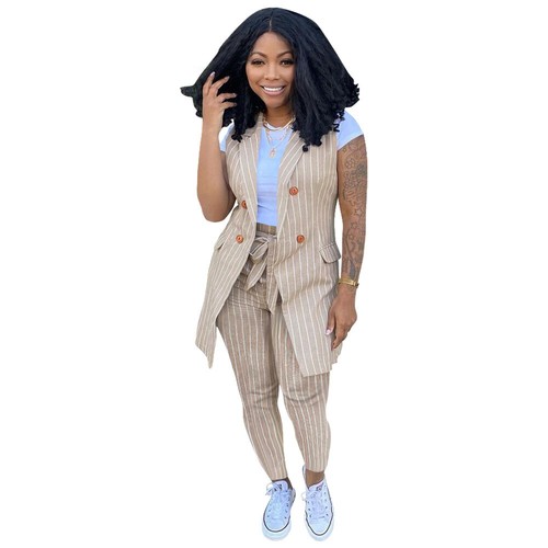 Stylish New Women Stripe Print Sleeveless Drawstring Casual Suits Outfits 2pcs - Picture 6 of 15