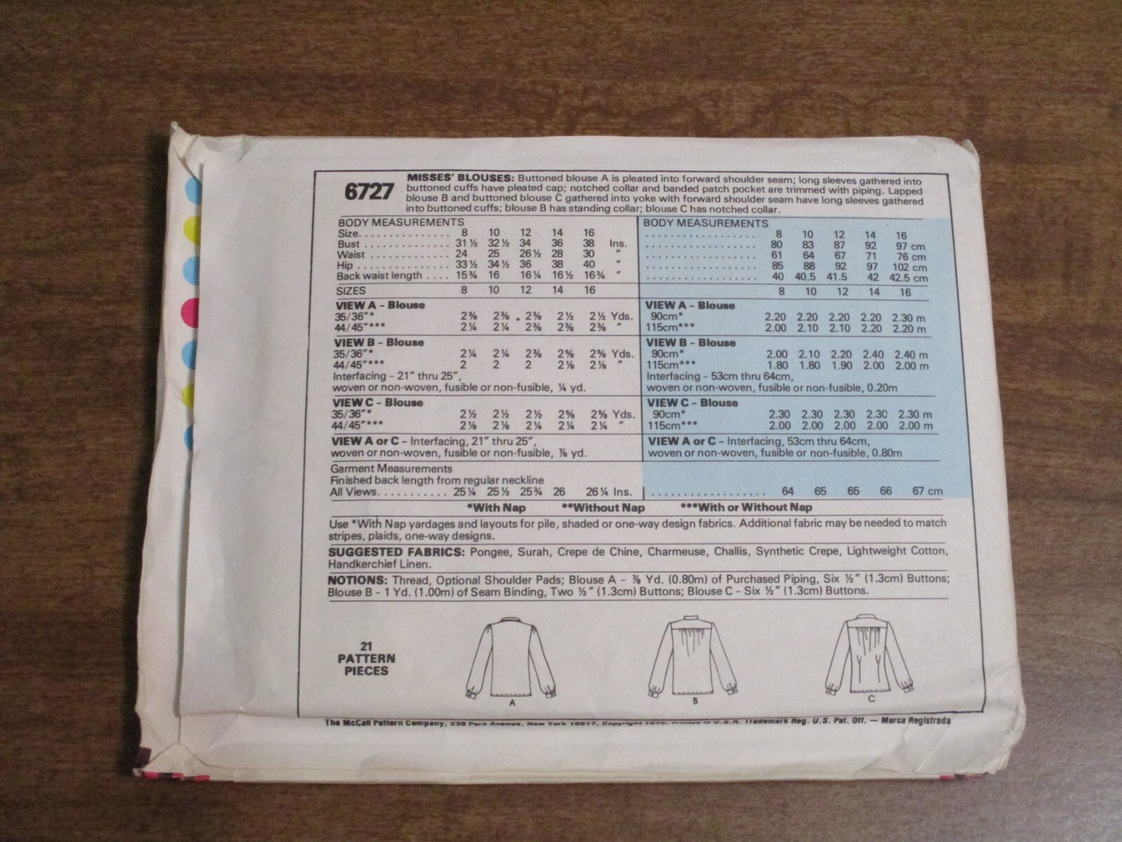 Simplicity 6727 Pattern McCALLS SEWING PATTERN MISSES BLOUSE #6727 Size 14 UNCUT | eBay