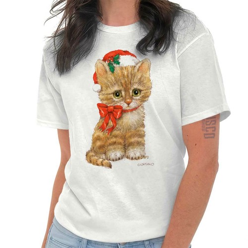 Cute Christmas Santa Claus Kitten Xmas Bow Womens Graphic Crewneck T Shirt Tee - Picture 1 of 8