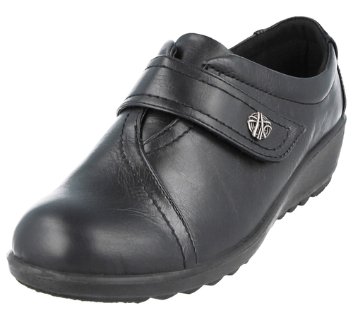 Ladies Cushion Walk Black Faux Leather Slip On Loafer Mary Jane Low Wedge Shoes - Picture 11 of 26