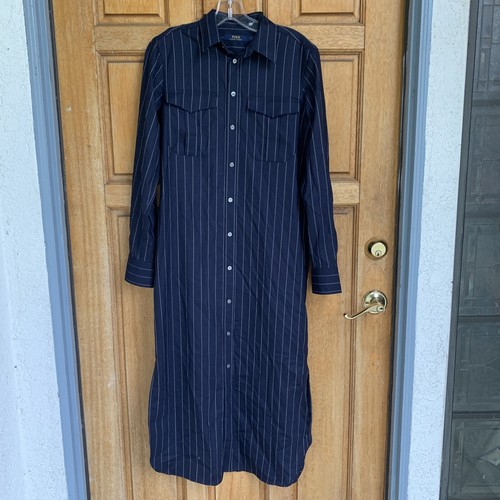 polo ralph lauren blue label wool stripe Side Slit shirt dress size 4 Navy