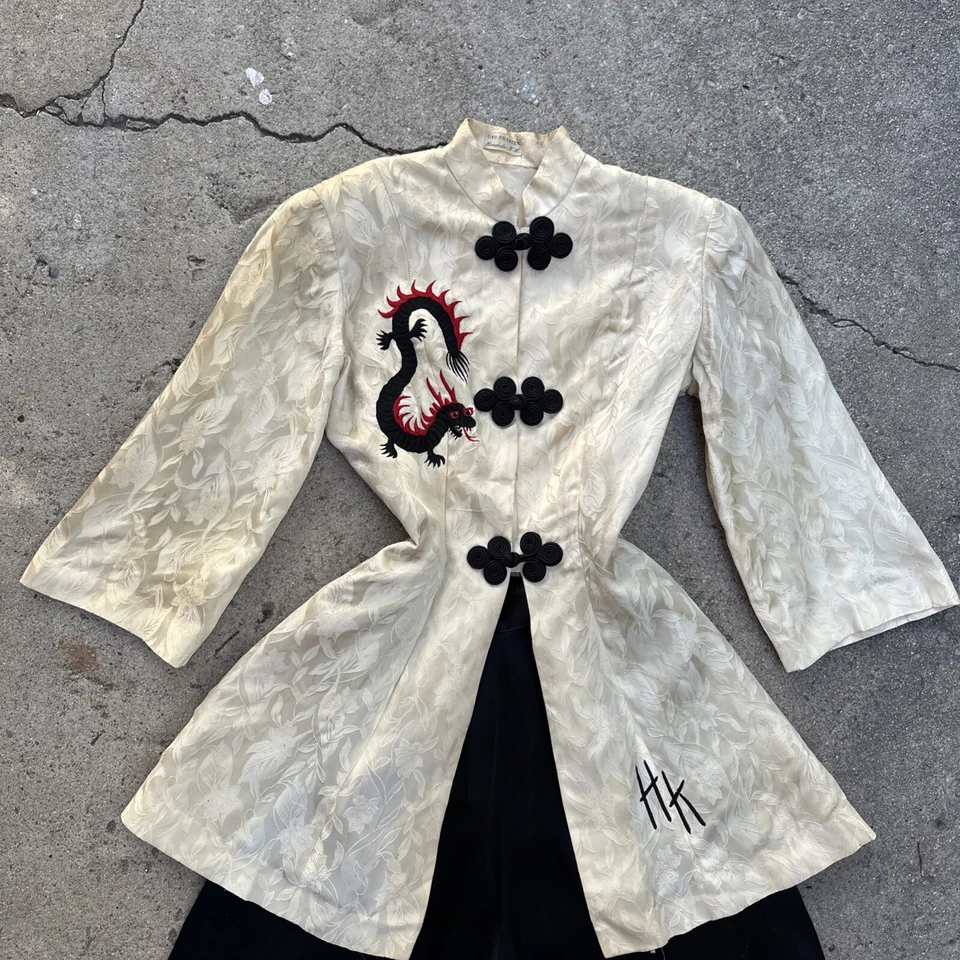 复古 20 世纪 30 年代 40 年代白色提花缎面睡衣龙休闲套装连身裤 2 件 — 第 2/4 张图片