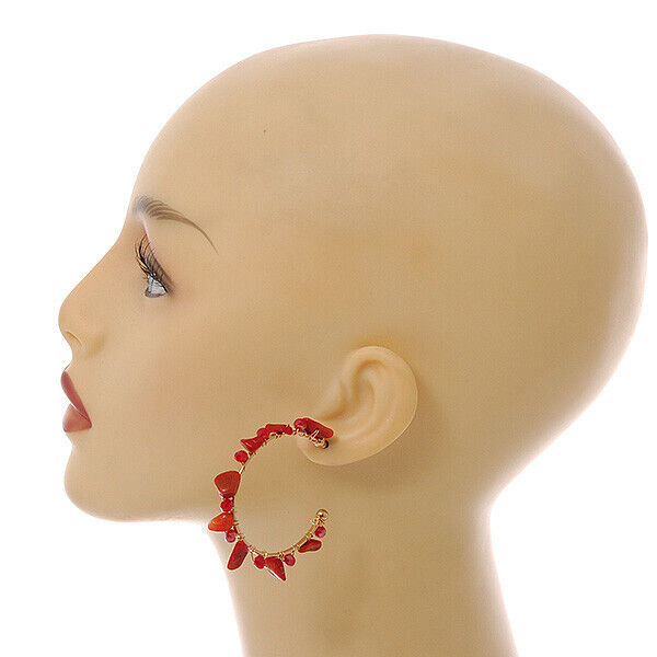 40mm Coral Red Stone Hoop Earrings in Gold Tone Medium