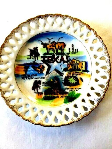 Vintage Texas Souvenir Plate Gold Open Lacework Rim Ceramic 1960's 6" - Picture 1 of 3