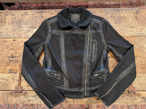 PAIGE Jean Jacket Sydney Women's Small Moto Sherpa Black Waxed Denim Stretch - Picture 6 of 18