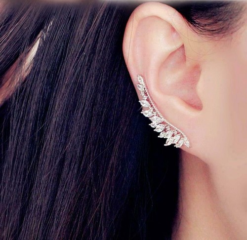 Shiny CZ Wing Leaves Vine Sterling Silver Post Earrings Ear Climber Crawler PE37 - Picture 8 of 12