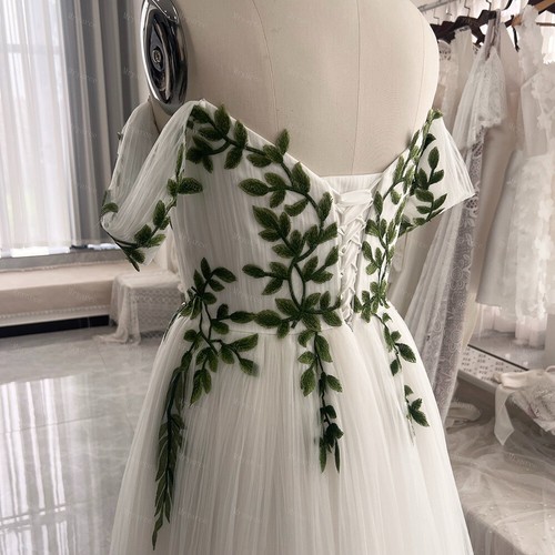 Olive Green Leaves Spring Wedding Dresses Sweetheart Sleeves Tulle Bridal Gowns - Picture 2 of 10