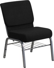 21'' Wide Black Fabric Church Chair with Book Rack and Silver Vein Frame