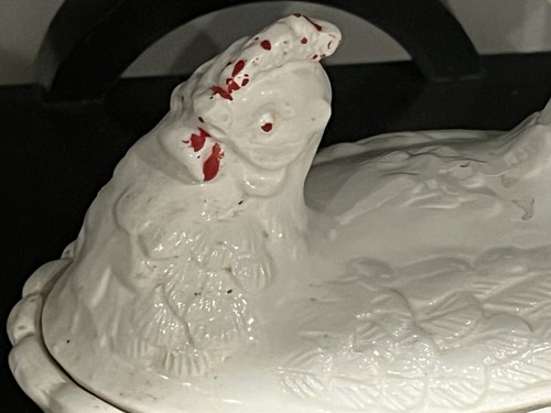 Vintage Large White Pottery Ceramic Chicken Hen on Nest Candy Dish With Lid (20C - Picture 2 of 7