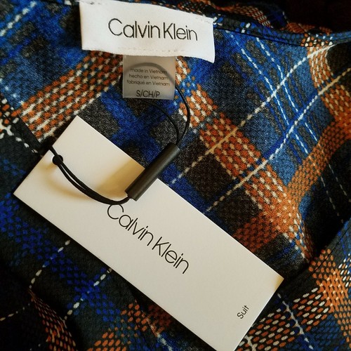 Calvin Klein Nuevo con Etiquetas Talla S Cuadros Plisado Cuello en V Sin Mangas Azul Naranja $59 - Imagen 4 de 5