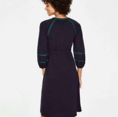 Boden Heidi Navy Jersey Embroidered 3/4 Sleeve Dress sz 2 EUC