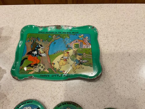 Vintage Ohio Art Tin Litho Tea Set RARE Three Little Pigs 20 Pieces - Picture 2 of 8