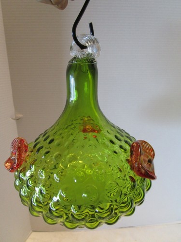 Studio Glass Hand blown Hummingbird Feeder Green hobnail flowers 8" t 1990's - Picture 8 of 12