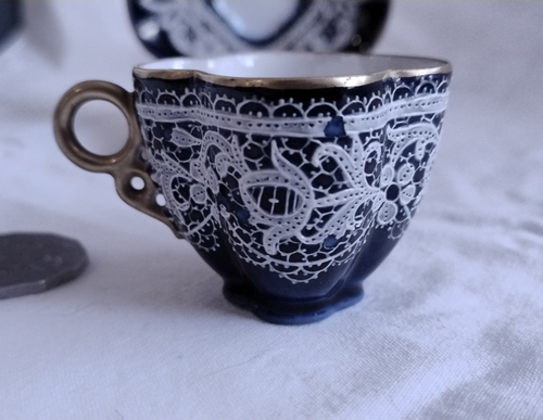 Vintage Possiky Porcelain Venetian Burano Cobalt Blue Wave Lace Cup+Saucer 1890s - Picture 4 of 7