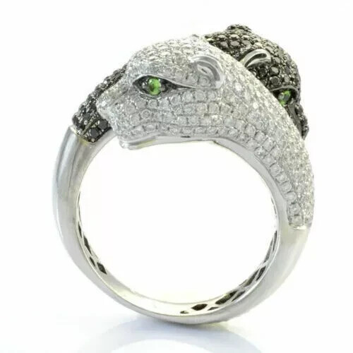 3Ct Round Cut Simulated Peridot Panther Bypass Ring 14k White Gold Plated Silver - Picture 5 of 8