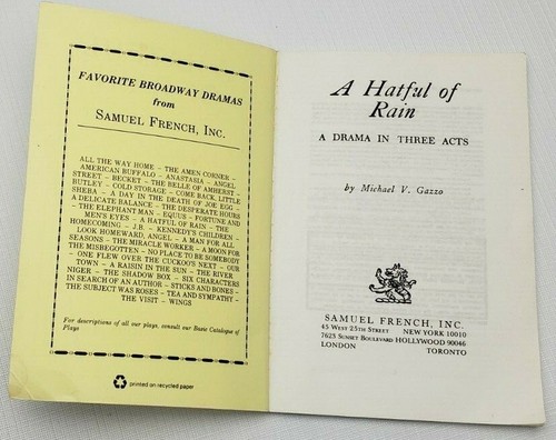 A Hatful of Rain, by Michael V. Gazzo ~ Acting Edition ~ Script Play ~ 1984 - Picture 2 of 3