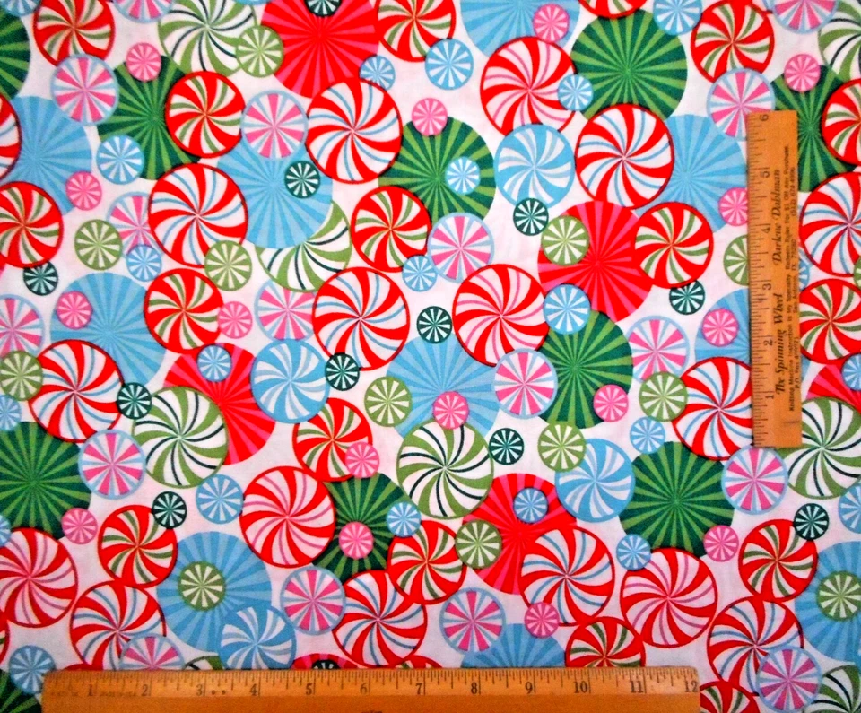 Christmas Fabric Short Yard Peppermint Xmas Candy on White Premium Cotton #25 - Image 2 of 2