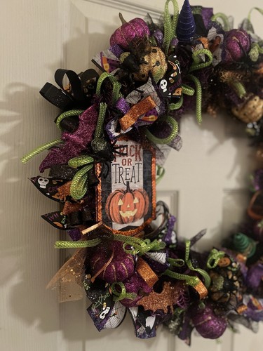 Halloween 18inch Ribbon, Pumpkins And Spiders Wreath - Picture 2 of 3