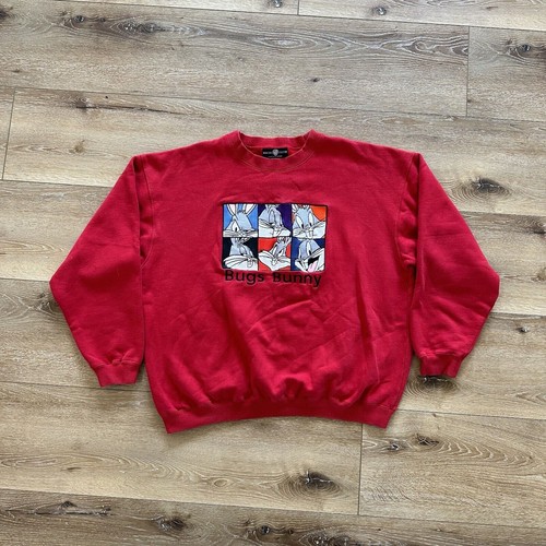 Vintage Looney Tunes Sweater Mens XL Bugs Bunny Crewneck 90s Red Fleece - Picture 6 of 7