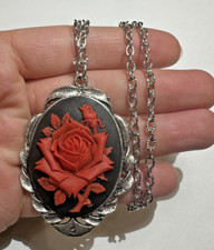 Red Black Rose Flower Etched Cameo Pendant Chain Silver tone 18"Vintage Necklace