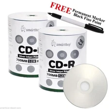 200 Smartbuy 52X CD-R 700MB Silver Inkjet Printable Hub Disc + Black Fine Marker
