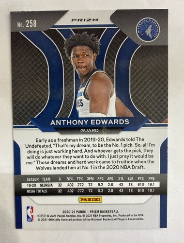 2020-21 Panini Prizm Anthony Edwards RC #258 Orange Ice Prizm Rookie Rc ROY 📈 - Foto 4 di 4
